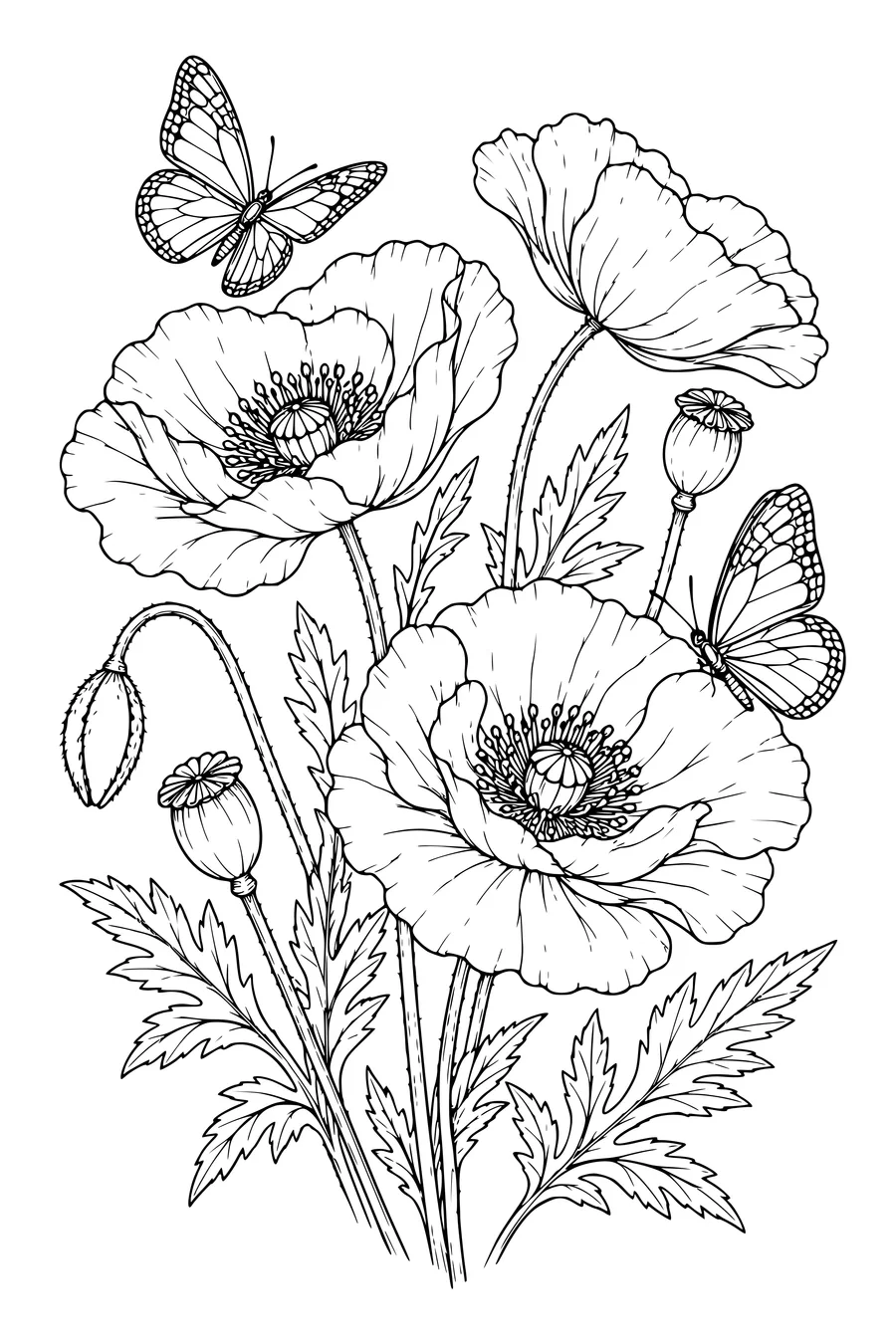 Ausmalbild: Mohnblumen mit Schmetterlingen.