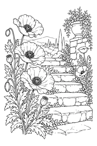 Coloriage: Coquelicots le long d’un escalier en pierre.