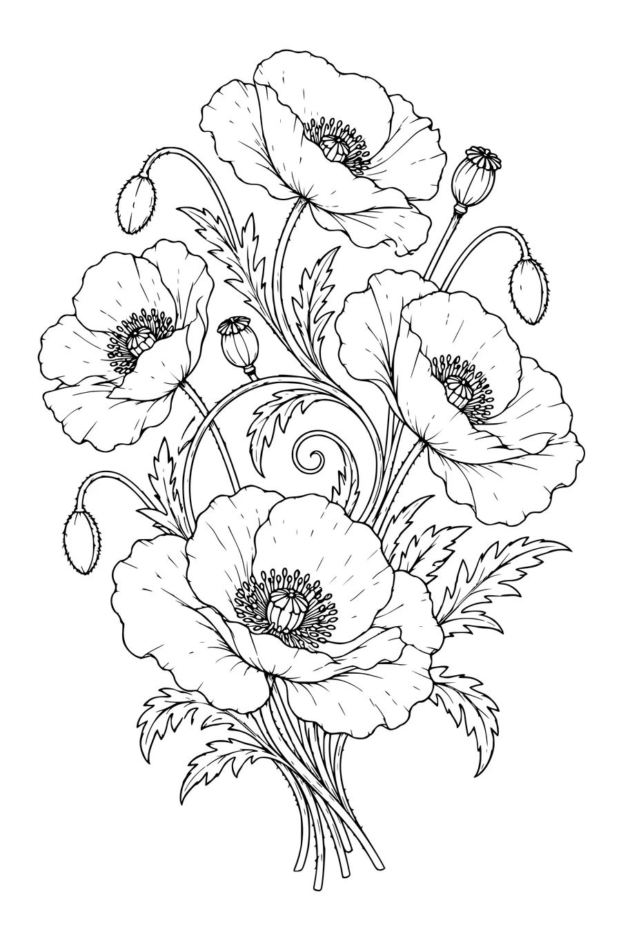 Coloriage: Coquelicots en bouquet spiralé.