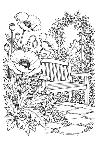 Coloriage: Coquelicots près d’un banc de jardin.