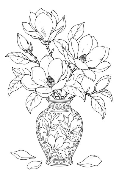 Coloriage: Magnolias dans un vase en relief.