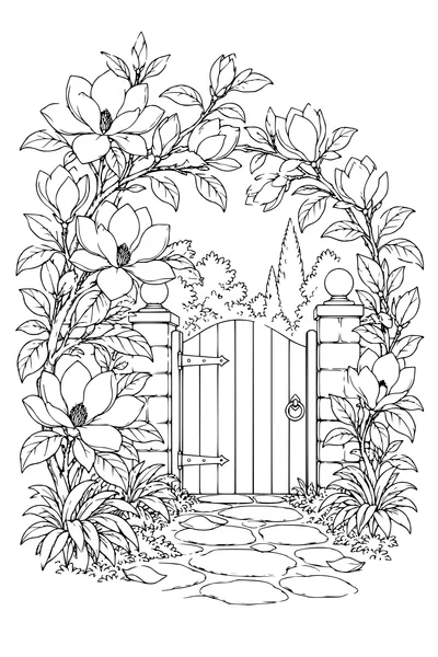 Coloriage: Magnolias autour d’un portail.