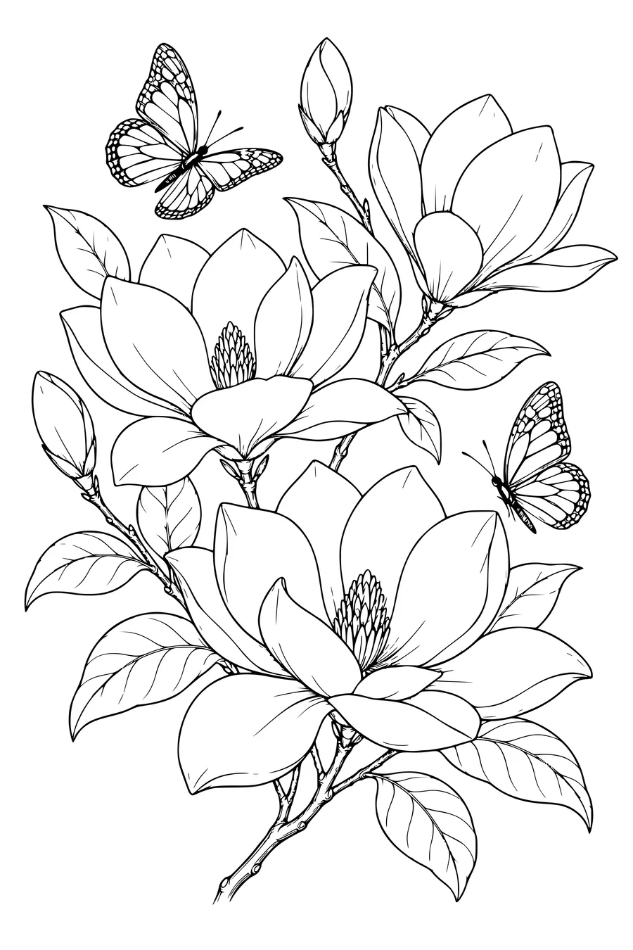 Ausmalbild: Magnolien mit Schmetterlingen.