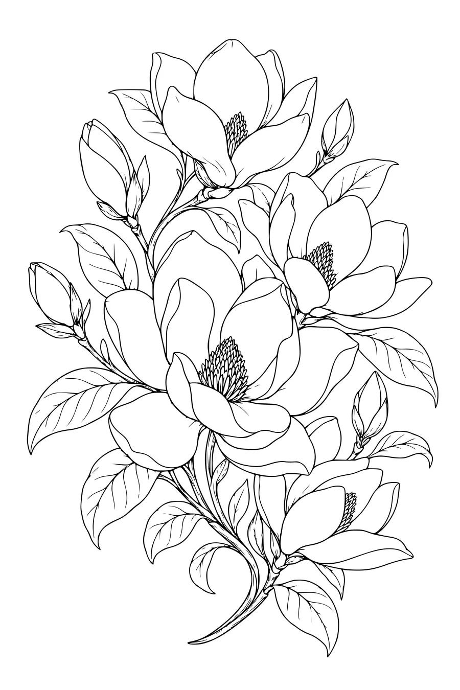 Kleurplaat: Magnolia’s in een spiraalboeket.