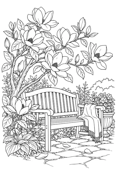 Coloriage: Magnolias près d’un banc de jardin.