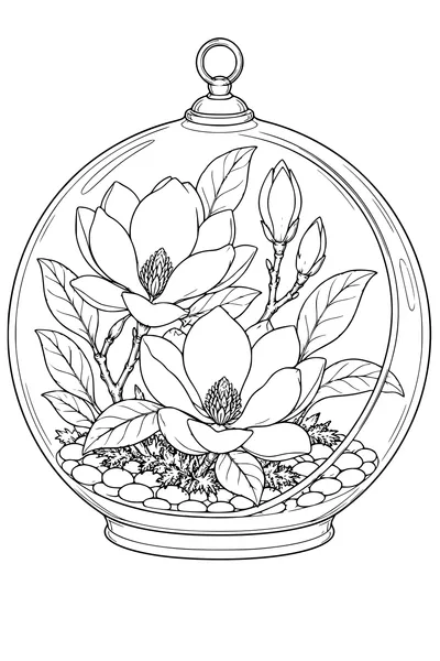 Coloriage: Magnolias dans un terrarium en verre.