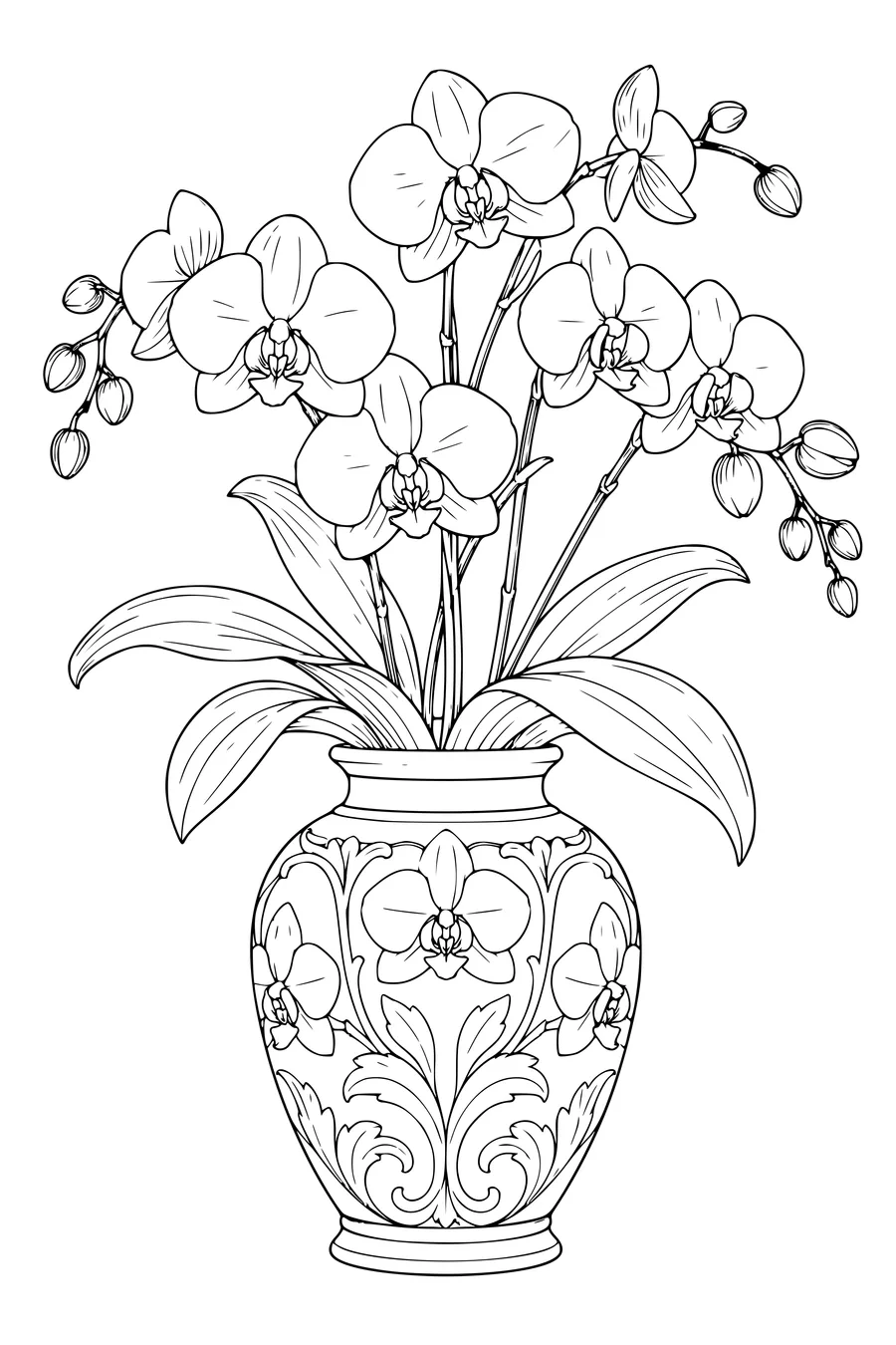 Ausmalbild: Orchideen in einer Reliefvase.