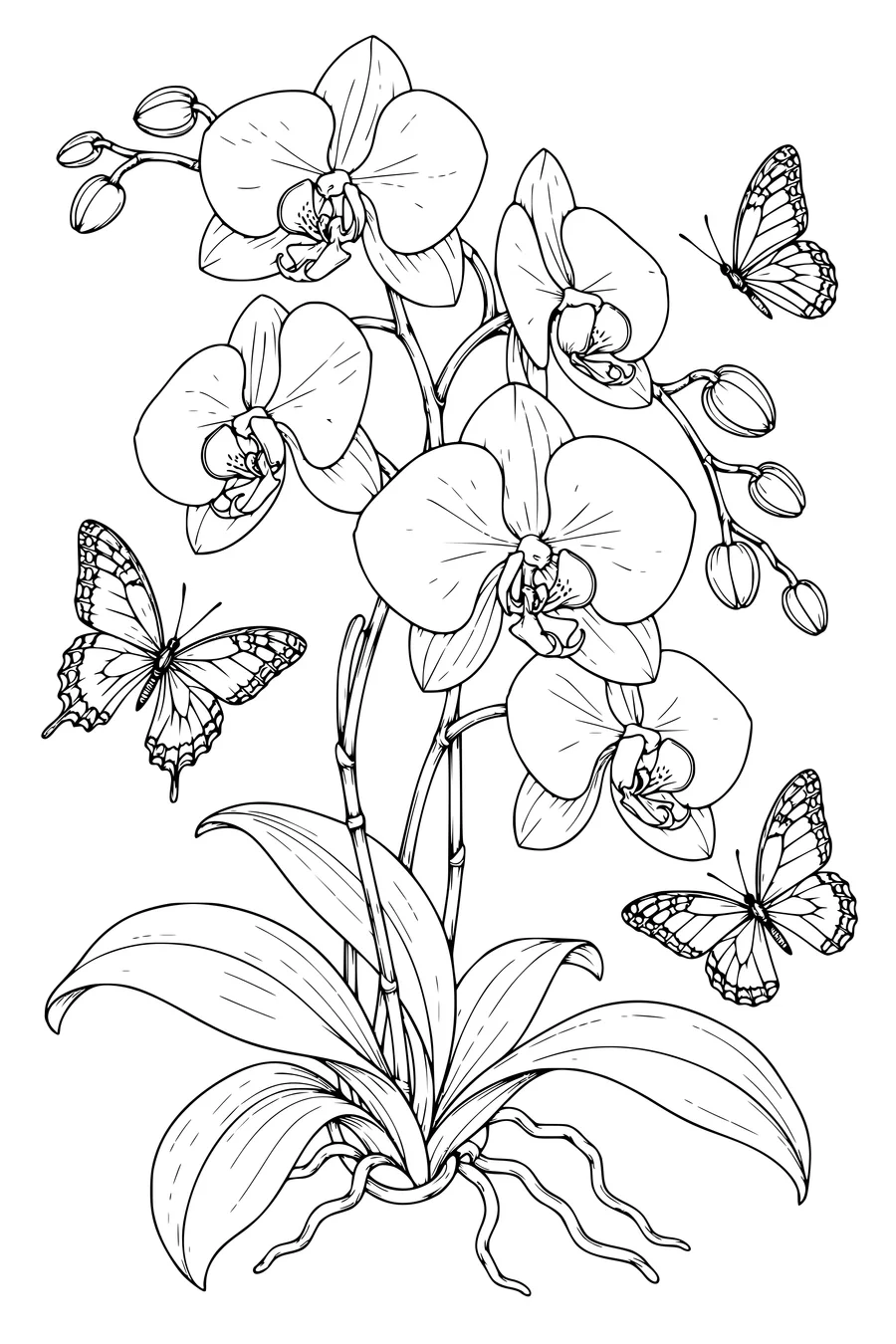 Coloriage: Orchidées avec des papillons.