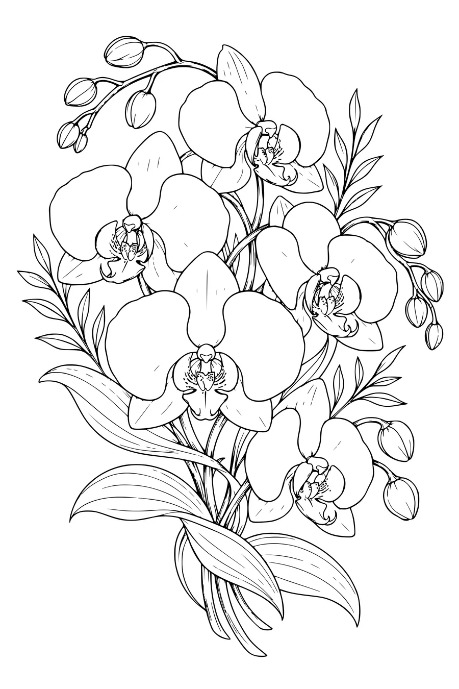 Coloring page: Orchids in a spiral bouquet.