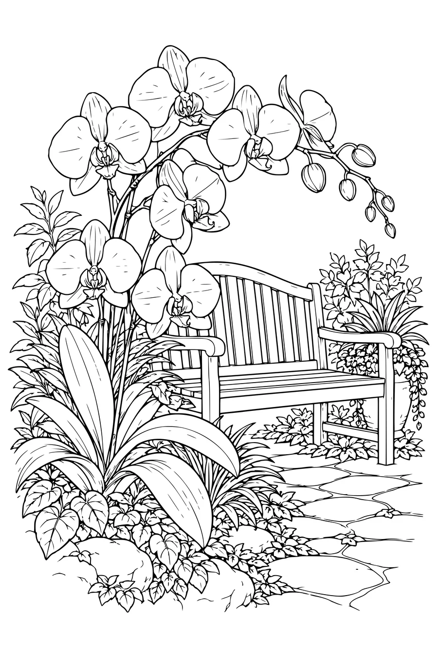Coloring page: Orchids beside a garden bench.