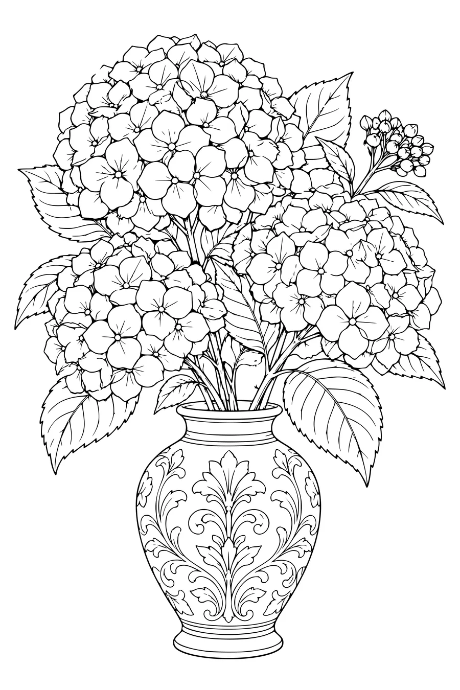 Coloring page: Hydrangeas in an embossed vase.