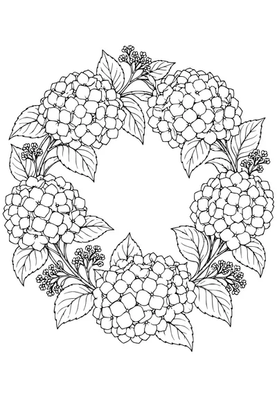 Coloriage: Hortensias en couronne ronde.