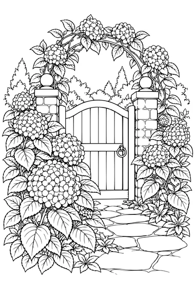 Coloriage: Hortensias autour d’un portail.
