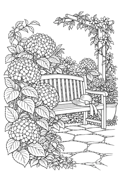 Coloriage: Hortensias près d’un banc de jardin.
