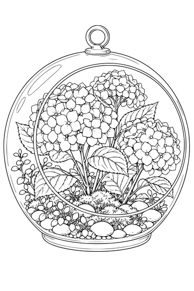 Coloriage: Hortensias dans un terrarium en verre.
