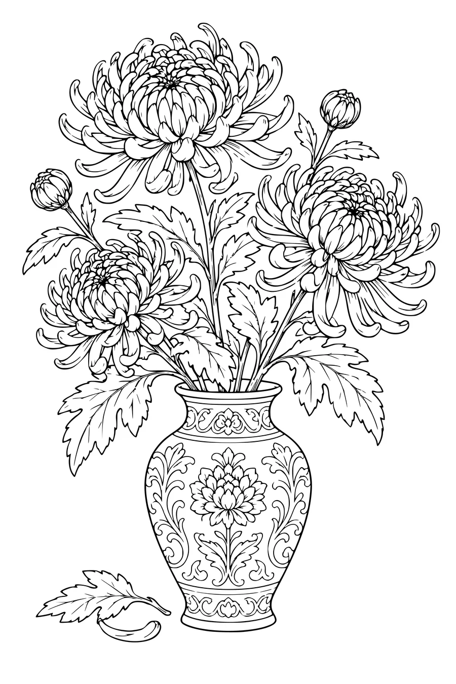 Coloring page: Chrysanthemums in an embossed vase.