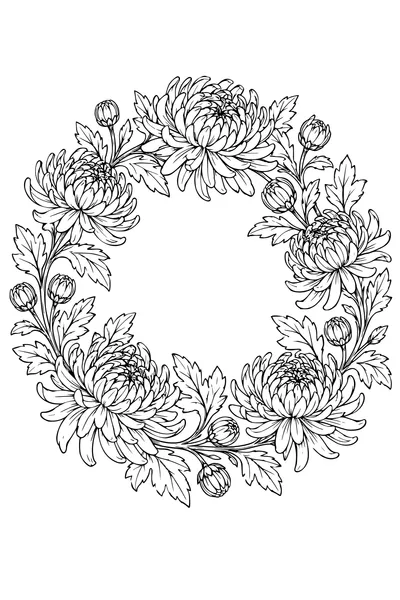 Coloriage: Chrysanthèmes en couronne ronde.