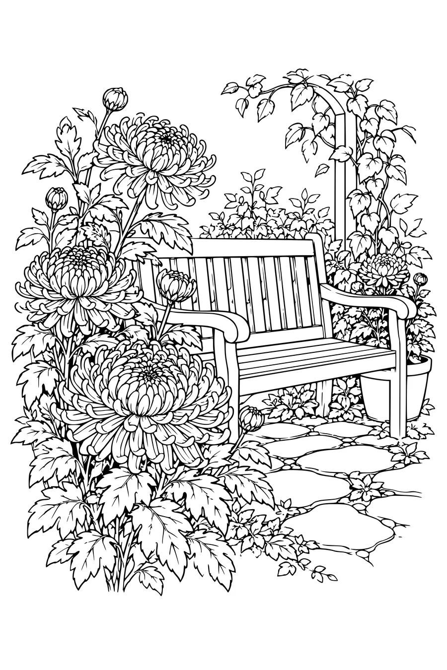 Ausmalbild: Chrysanthemen an einer Gartenbank.