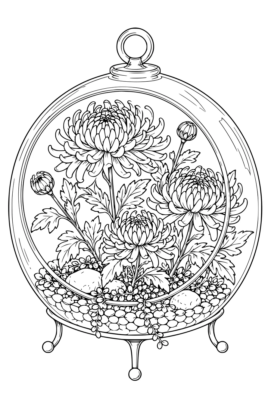 Coloriage: Chrysanthèmes dans un terrarium en verre.