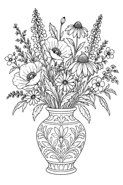 Coloriage: Fleurs sauvages dans un vase en relief.