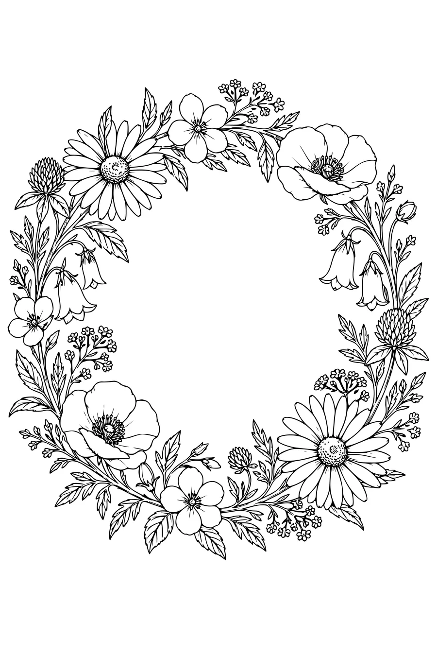 Coloring page: Wildflowers in a round wreath.