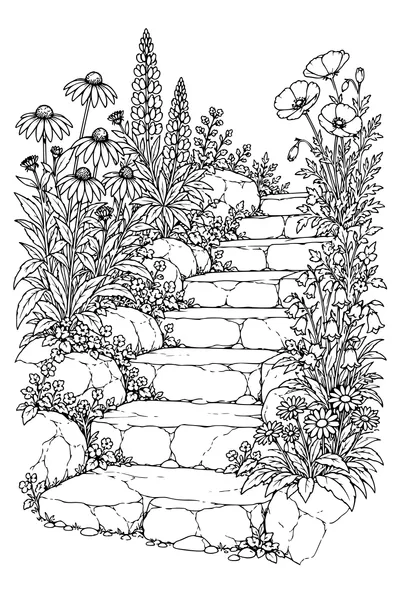 Coloriage: Fleurs sauvages le long d’un escalier en pierre.