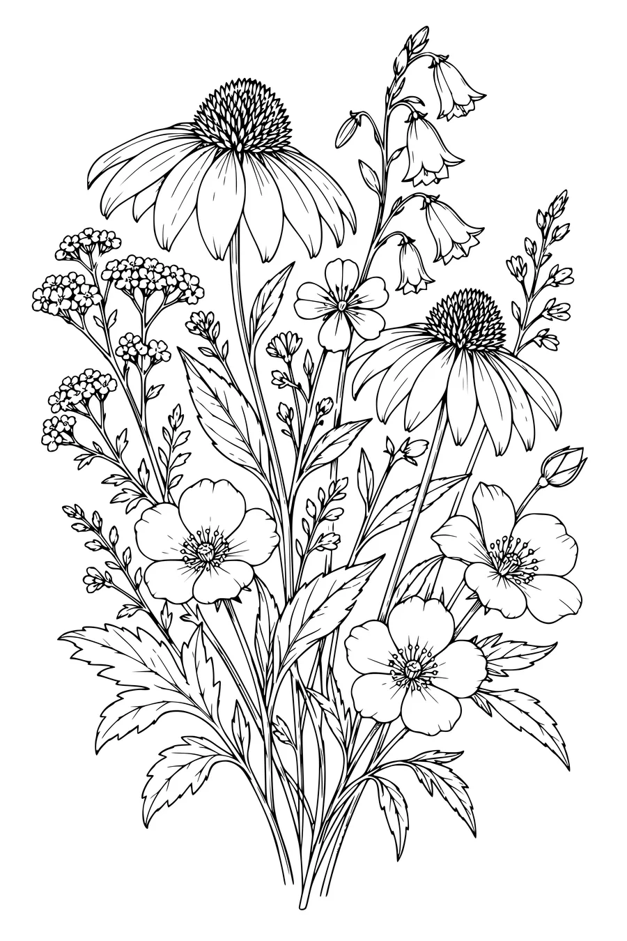 Coloring page: Wildflowers on a botanical study sheet.