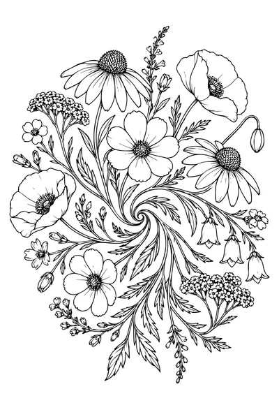 Coloriage: Fleurs sauvages en bouquet spiralé.