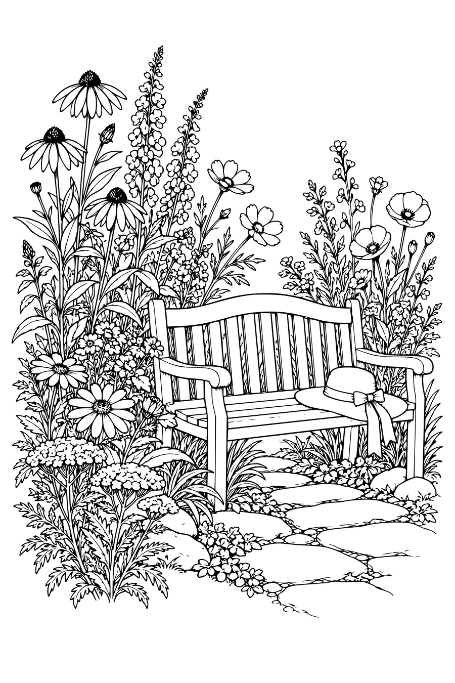 Kleurplaat: Wilde veldbloemen langs een tuinbank.