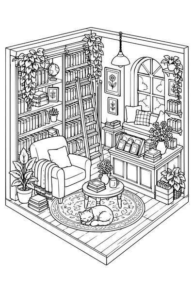 Coloriage: Librairie douillette avec un chat endormi.