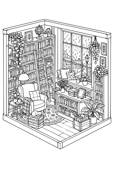 Coloriage: Librairie douillette avec une fenêtre pluvieuse.