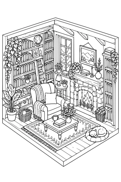 Coloriage: Librairie douillette avec une cheminée.