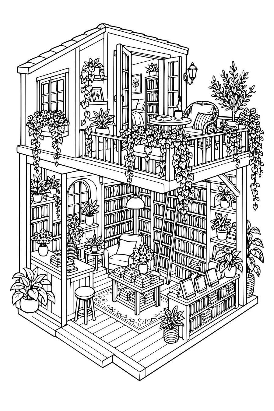 Coloriage: Librairie douillette avec un balcon fleuri.