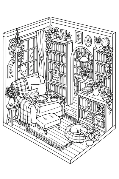 Coloriage: Librairie douillette avec un plateau de petit-déjeuner.