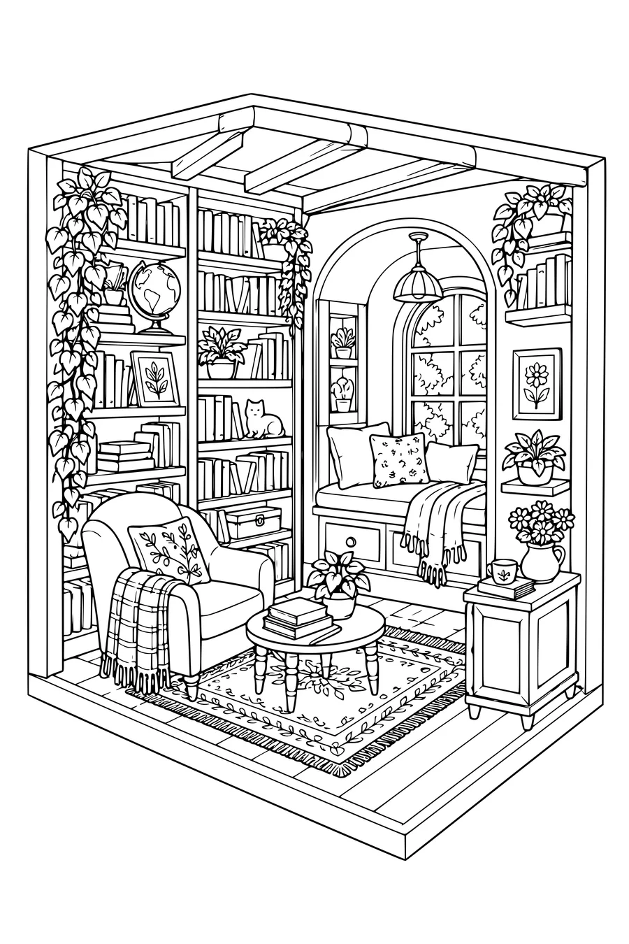 Coloring page: Cozy bookshop with a reading alcove.