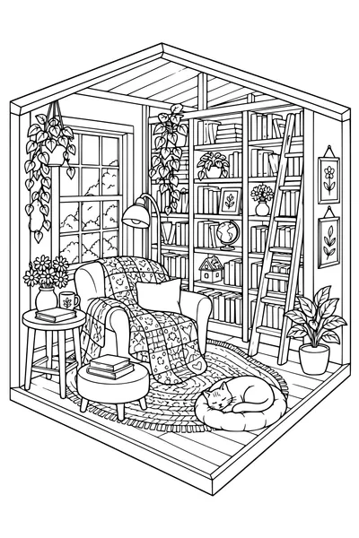 Coloriage: Librairie douillette avec une couverture patchwork.