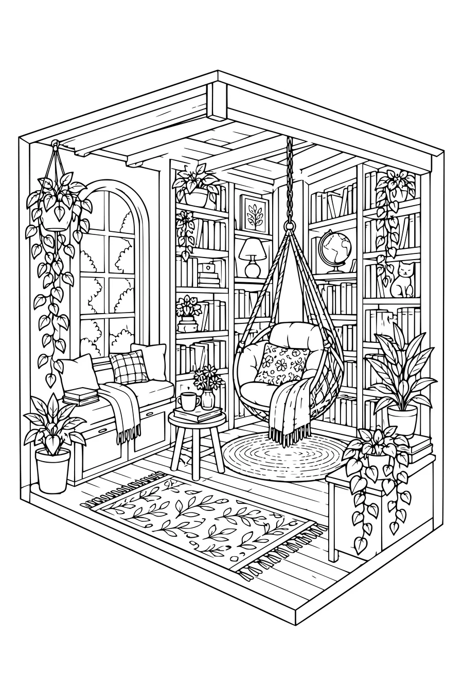 Coloriage: Librairie douillette avec un fauteuil suspendu.