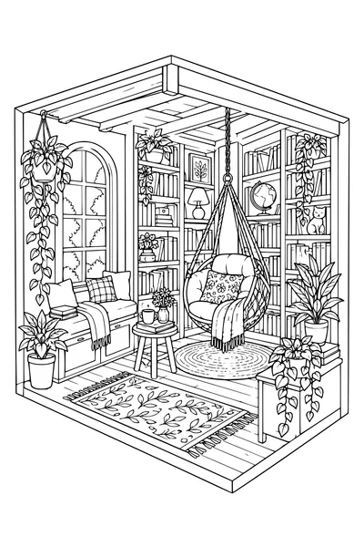 Coloriage: Librairie douillette avec un fauteuil suspendu.