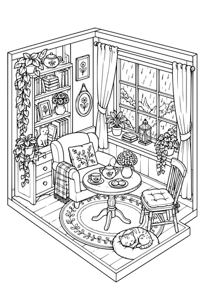 Coloriage: Salon de thé douillet avec une fenêtre pluvieuse.