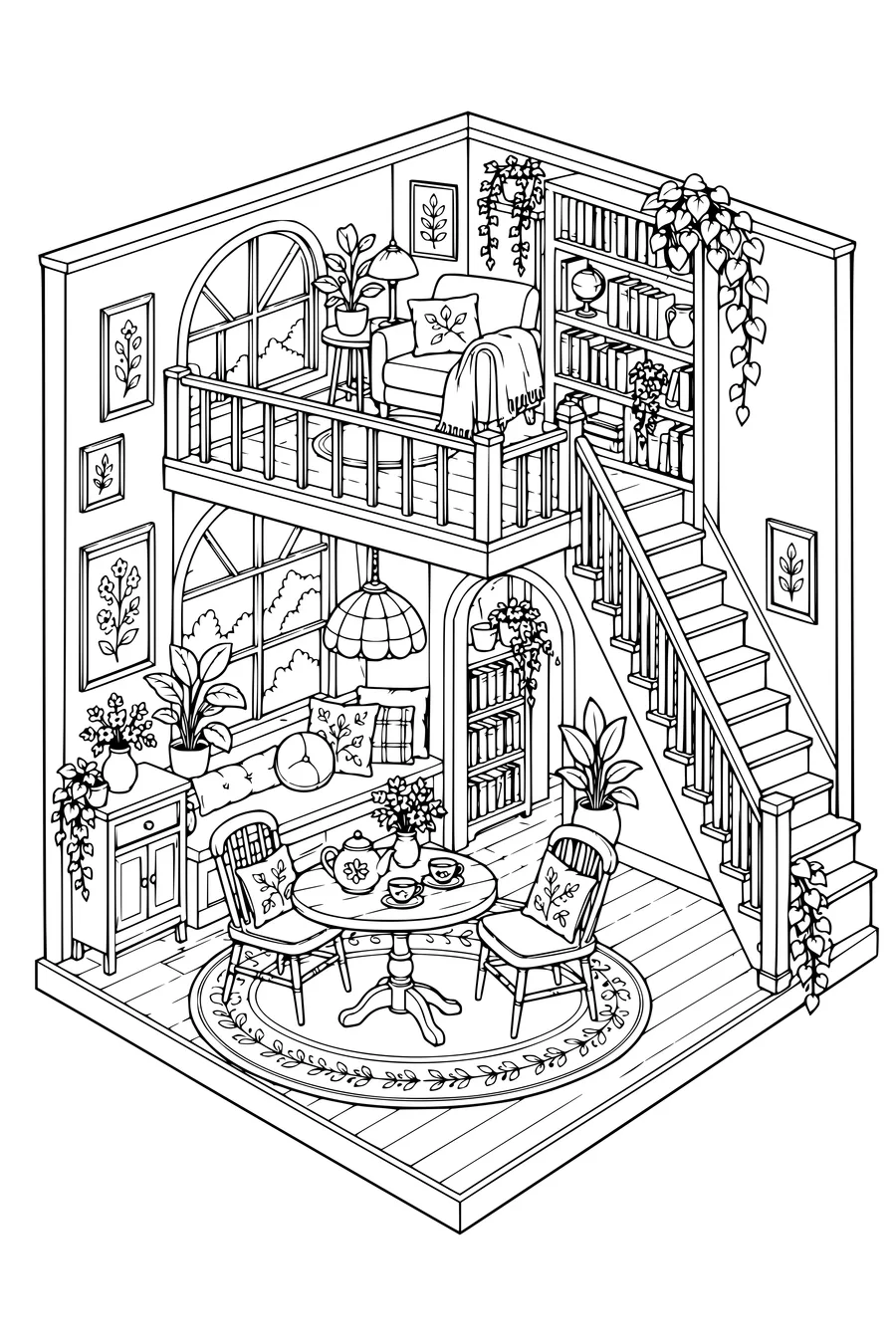Kleurplaat: Knusse theekamer met een trapbibliotheek.