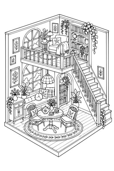 Coloriage: Salon de thé douillet avec une bibliothèque d’escalier.