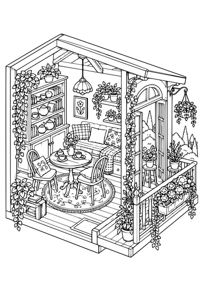 Coloriage: Salon de thé douillet avec un balcon fleuri.