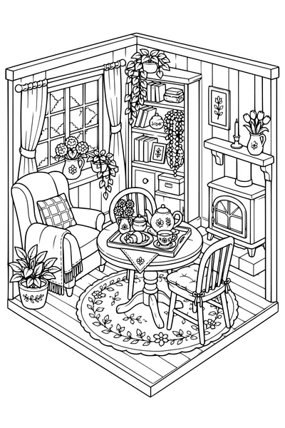 Coloriage: Salon de thé douillet avec un plateau de petit-déjeuner.