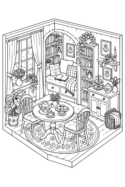 Coloriage: Salon de thé douillet avec un coin lecture.