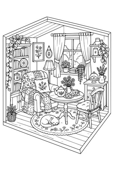 Coloriage: Salon de thé douillet avec une couverture patchwork.