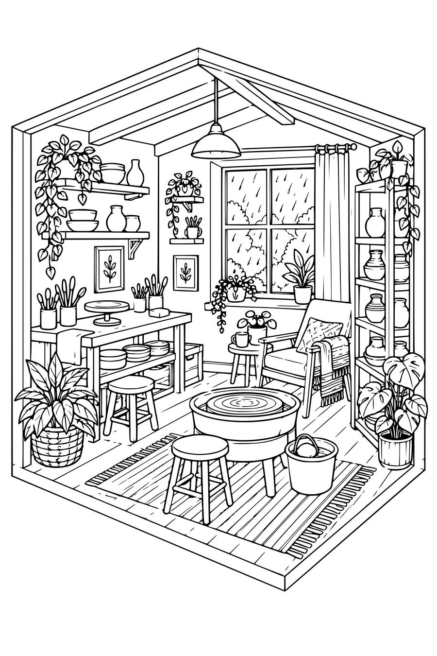 Coloriage: Atelier de poterie douillet avec une fenêtre pluvieuse.