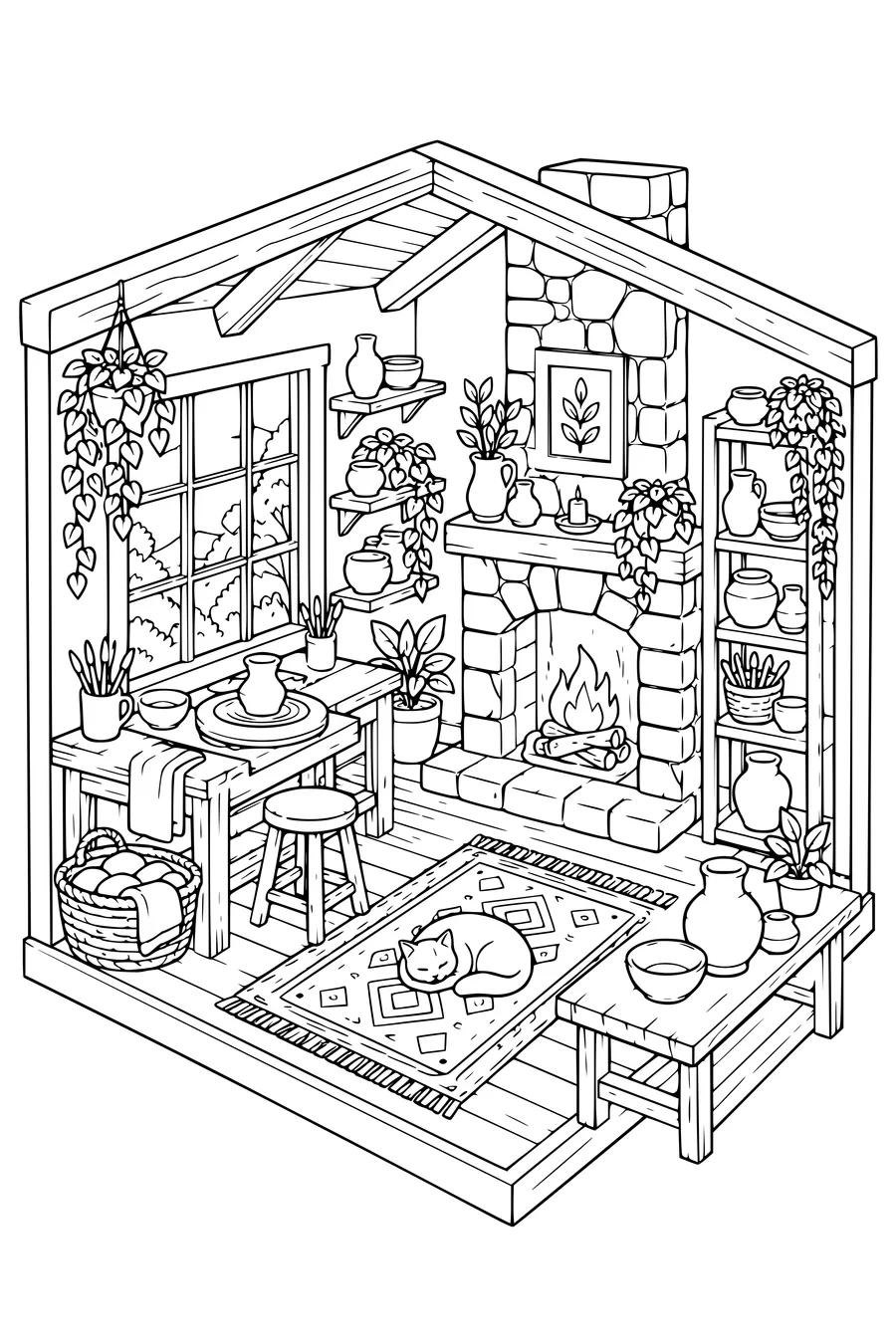 Coloring page: Cozy pottery studio with a fireplace.