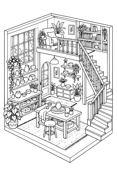 Coloriage: Atelier de poterie douillet avec une bibliothèque d’escalier.