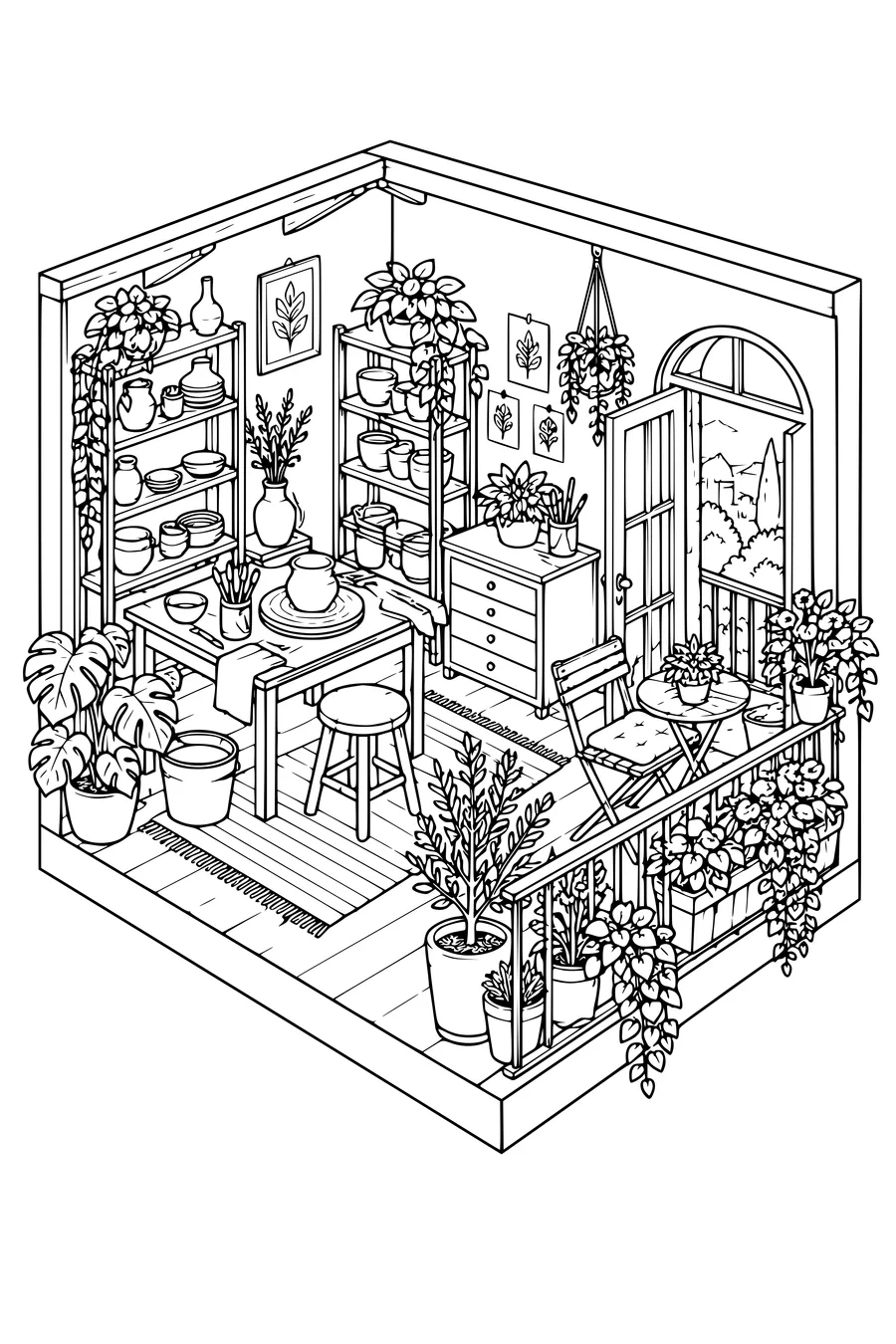 Kleurplaat: Knus pottenbakkersatelier met een balkon vol planten.