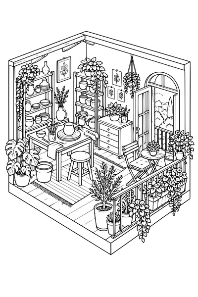 Coloriage: Atelier de poterie douillet avec un balcon fleuri.